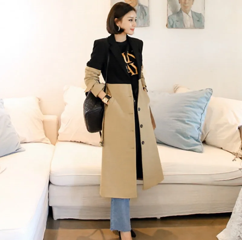 

2019 New fashion Autumn temperament windbreak coats single-breasted Office OL slim Hit color patchwork trench coat