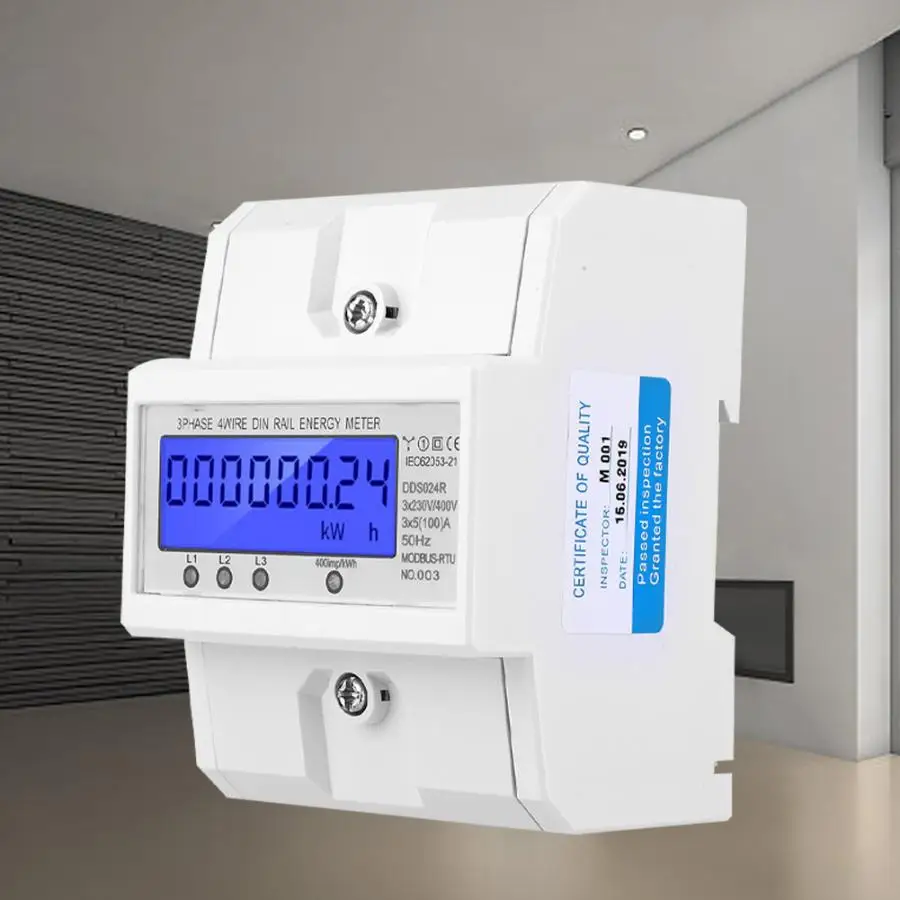 3 Phase 4 Wire LCD Energy Meter DIN Rail Power Consumption Energy Meter Electronic Wattmeter RS485 LCD Backlight