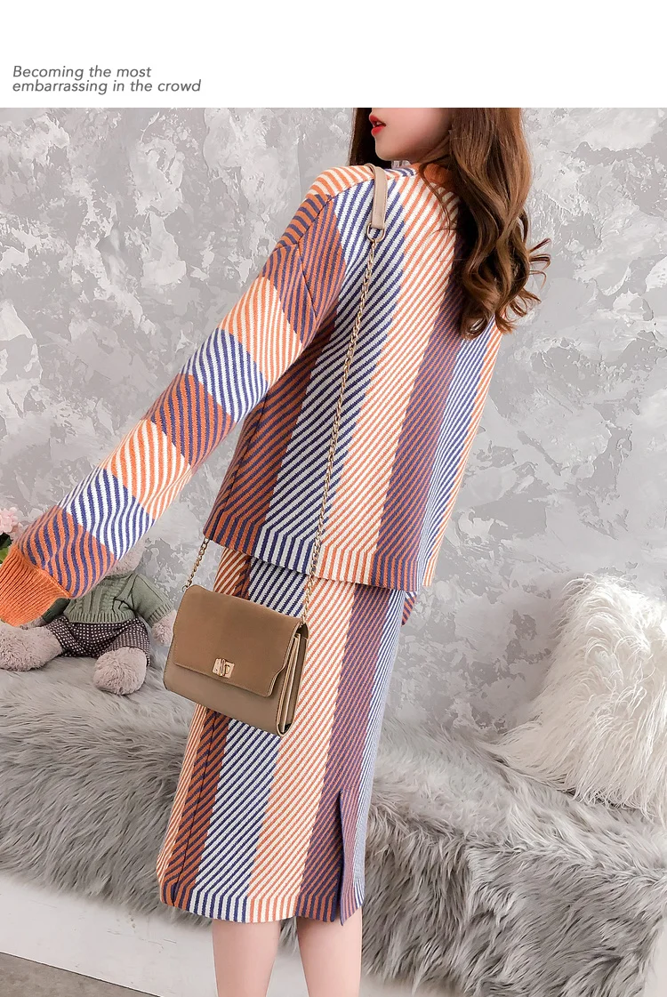 BLLOCUE Elegant Ladies Striped Sweater Jumpers+Skirt 2 Piece Set Women Fashion Loose Long Sleeve Knitted Pullovers Skirt Suits