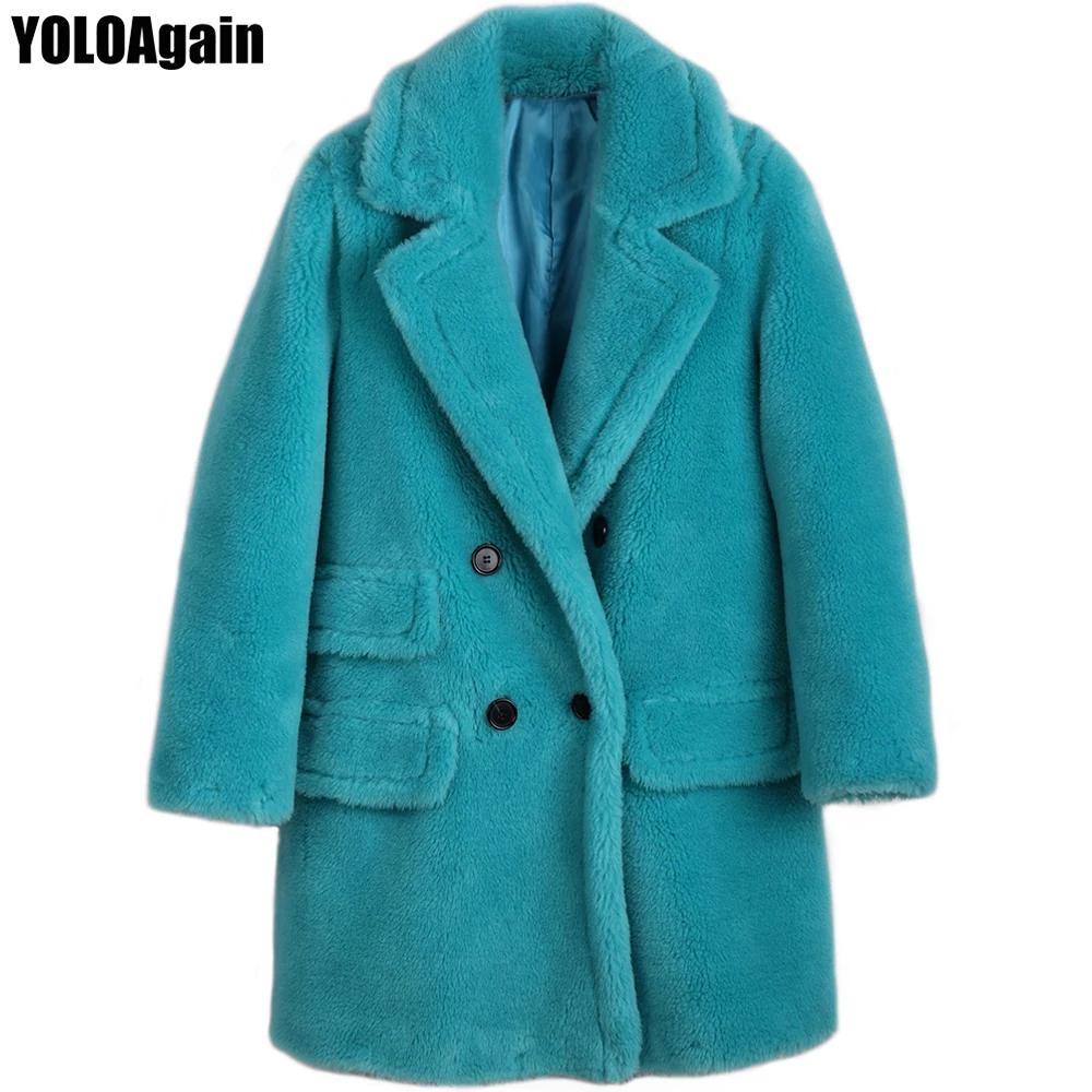 

YOLOAgain high quality women turn-down collar double breasted long wool coat winter thick ladies real fur coat