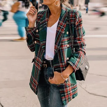 

Classic Plaid Blazer Autumn Boulble Breasted Jacket Long Sleeves Woman Blazer Coat Female Casual outerwear