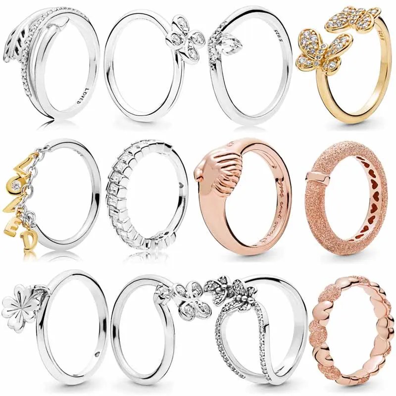 

925 Sterling Silver Fashion 1:1 Rose Matte Brilliance Hearts Arrow Bedazzling Butterflies Loved Script Femal Ring DIY Jewelry