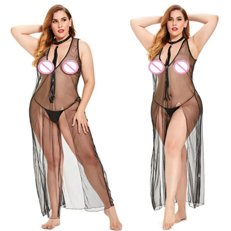 

Women Sling Nightwear DressDeep V-Neck See-Through Decoration Bandage High Waist Summer Mesh Maxi