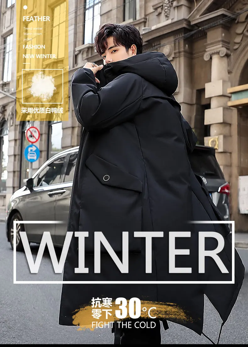Пуховик мужской зимний стиль корейский стиль стильный Повседневный универсальный свободный белый утиный пух средней длины на одежде