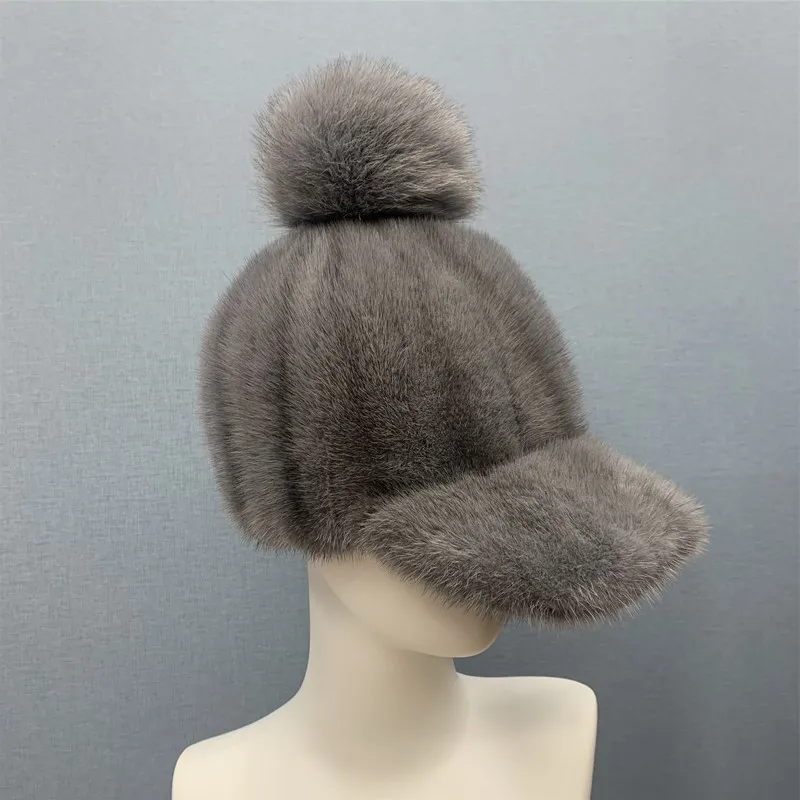 Neue Frauen Handarbeit Aus Echtem Nerz Visiere Hüte Winter Dame Warme Mädchen Grau Kappe mit Echt Fox Fell Pompon R4 – Detail 1