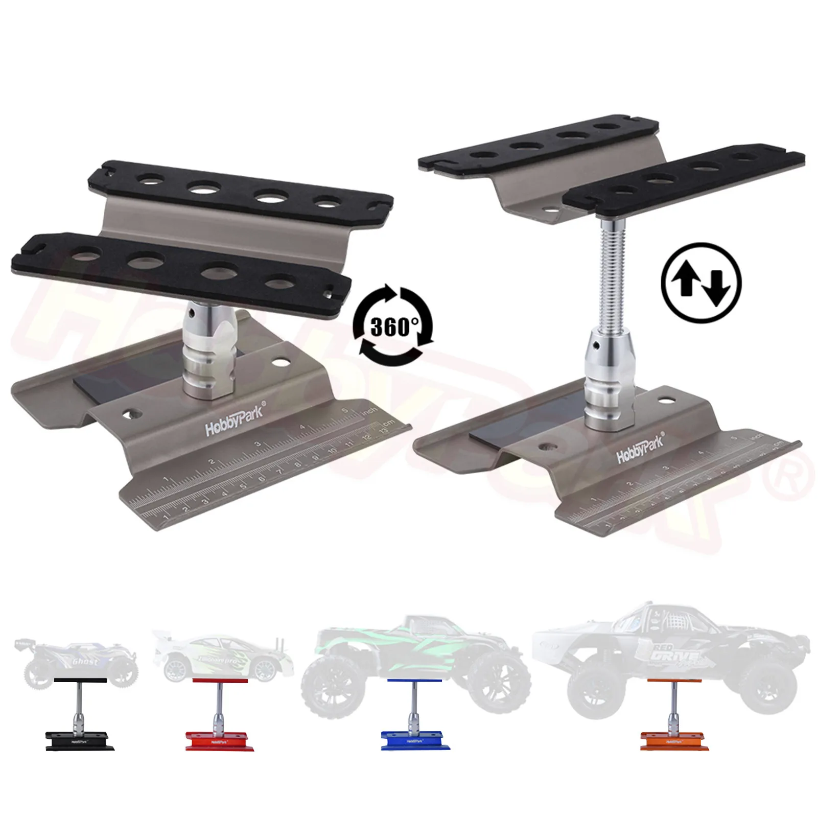 

Aluminum Alloy RC Car Work Stand Repair Workstation 360 Degree Rotation Lift Or Lower For 1/8 1/10 Scale Models