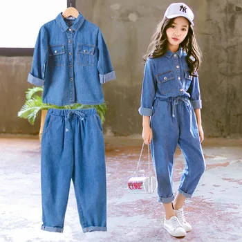 

Children Clothing Set for Girls Denim Outfits Blue Jacket + Pants 2pcs Kids Tracksuit Spring Autumn Teenage Girls Clothes Suits