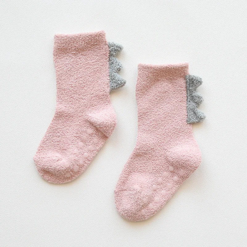 0-5 Years Baby Towel Socks Coral Velvet Thick Warm Dinosaur Kids Socks Non Slip Infant Baby Boy Girl Knitted Socks - Цвет: Розовый