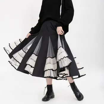 

Mesh Spliced Pleated Perspective Loose High Waist Half-body Skirt Black Women Fashion Tide New Spring Autumn 2020