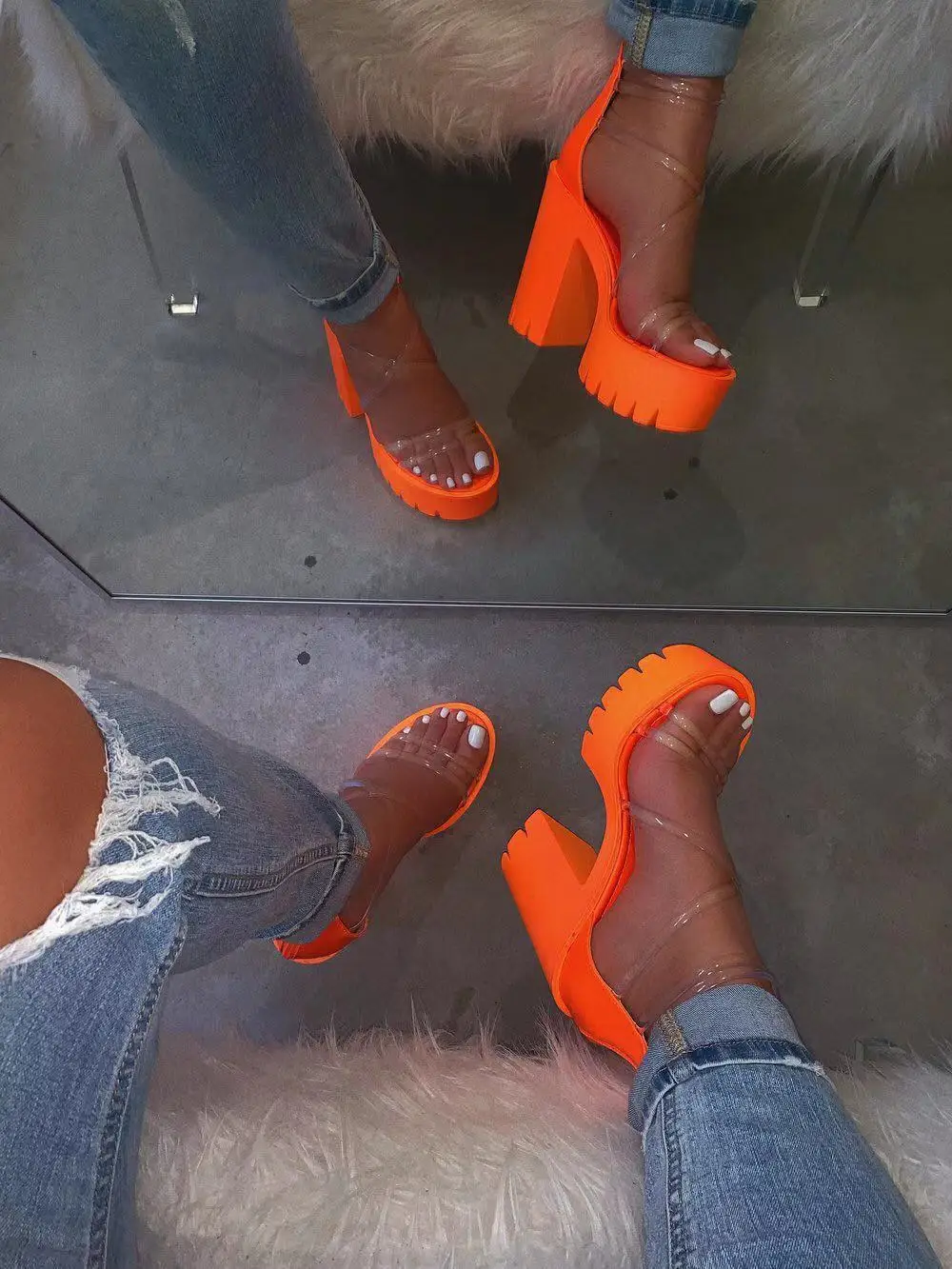 

Summer Orange PVC Jelly Sandals Plus Size Thick High Heels Shoes For Women Narrow Band Platform Transparent Sandals