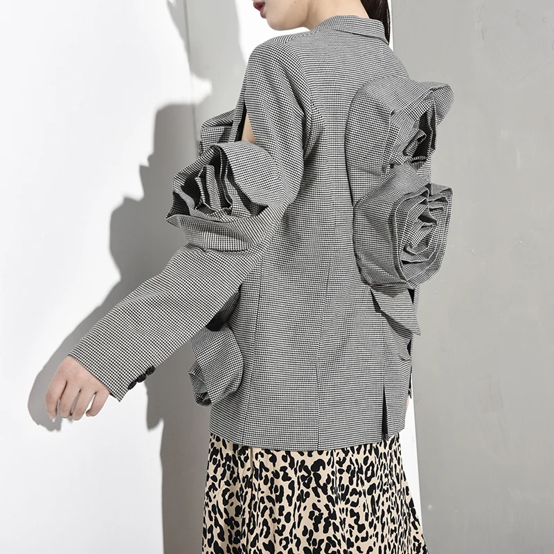 Best  [EAM] Loose Fit Plaid Three-dimensional Hollow Out Jacket New Lapel Long Sleeve Women Coat Fashion 