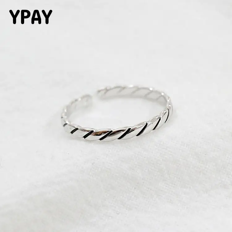 

YPAY Real 925 Sterling Silver Adjustable Rings For Women Vintage Simple Twill Opening Adjustable Ring Birthday Gifts YMR085