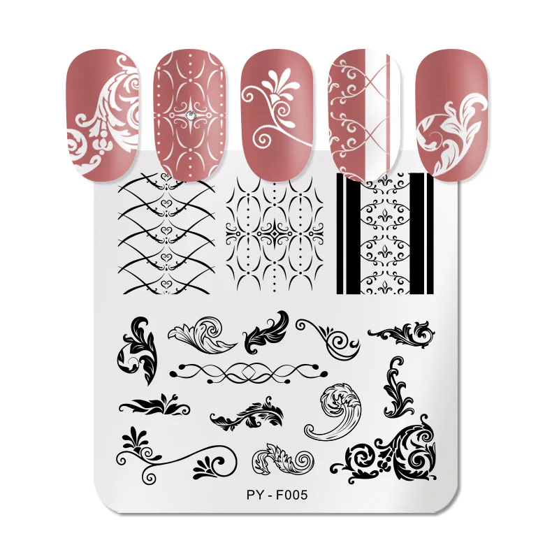 PICT вы ногтей пластины для стемпинга-покровные принт с перьями смешанных стилей, из нержавеющей стали инструменты для дизайна ногтей F003 - Цвет: PY-F005