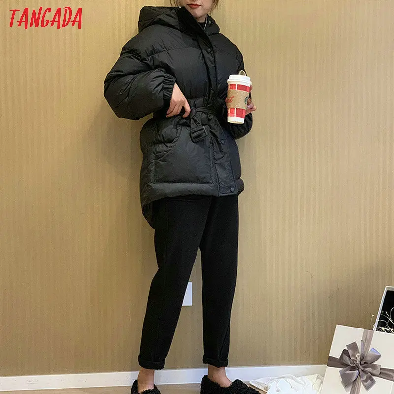 Tangada Женская однотонная парка больших размеров с поясом с капюшоном на молнии зимнее женское теплое пальто корейская модная куртка ATC01