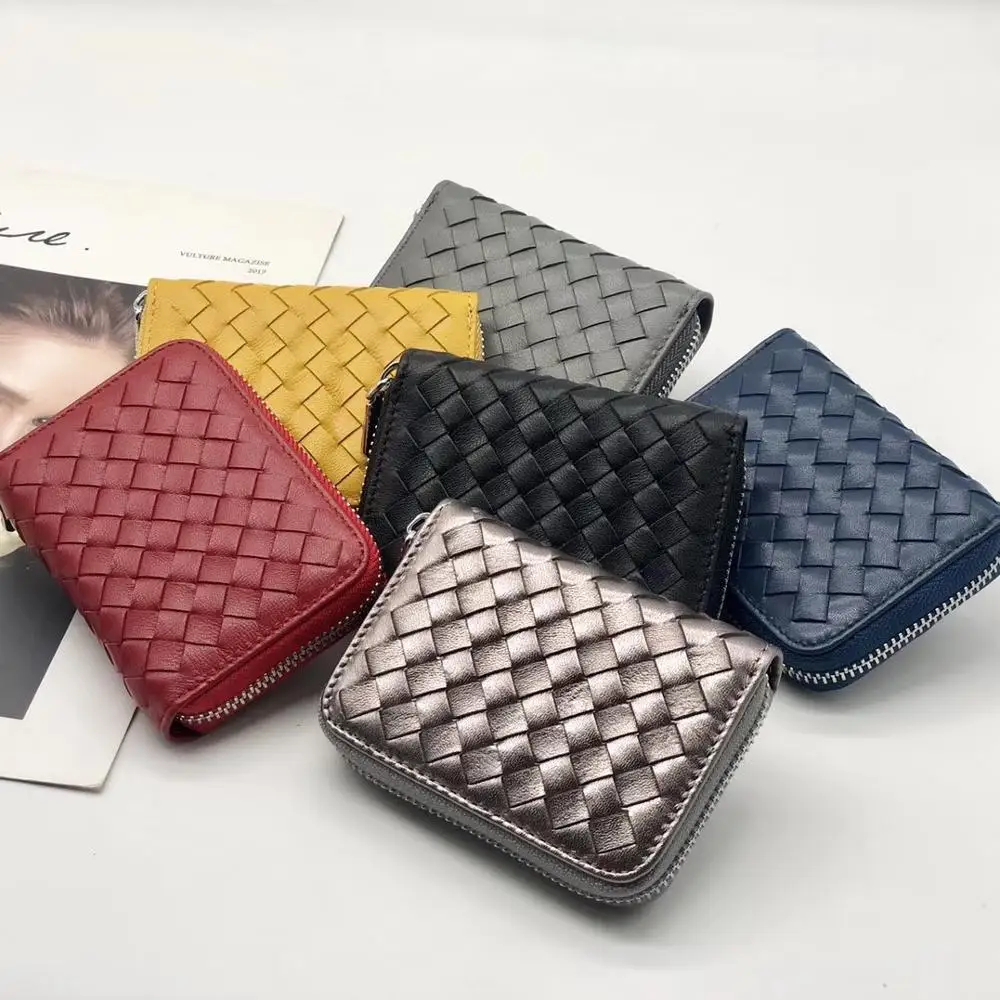 

Sheepskin Handmade Weave Wallet Zipper Card Pack Women and Men MiNi Coin Purse Genuine Leather ID Holders Women Wallets