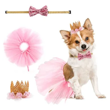 

Dogs Caps with Bowknot Crown Skirt Cat Pet Birthday Costume Sequin Design Headwear Collar Hat Christmas Party Pets Accessories
