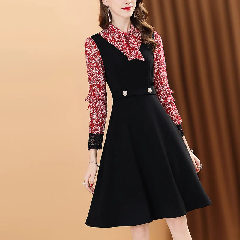 

Europe And America Long-sleeved Dress Spring 2020 New Style Chiffon Joint Floral-Print Bow Waist Hugging Mid-length Skirt