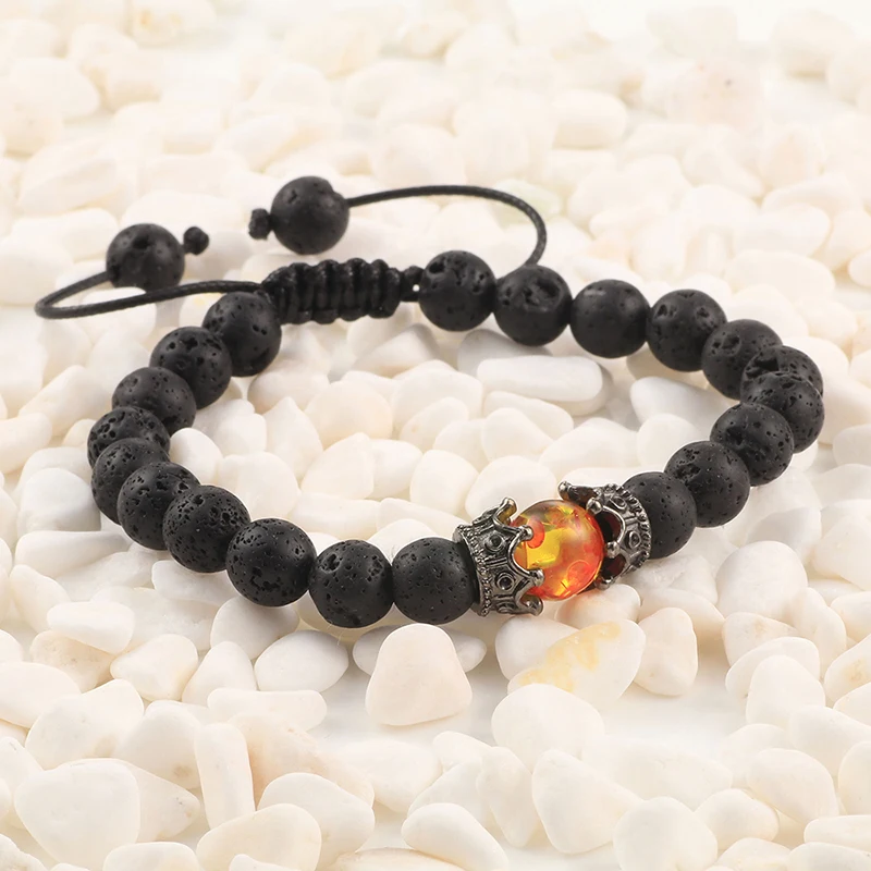 Bracelets for Men Women Natural Tiger Eye Stone Black Lava Beads Imperial Crown Braid Strand Stretch Bracelet Jewelry Adjustable
