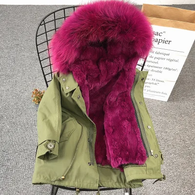 Green Purple Детское пальто с кроличьим мехом; теплые пуховики для девочек; зимние парки для мальчиков; пальто с капюшоном из натурального меха енота; куртка для девочек; TZ279 - Цвет: Green Purple