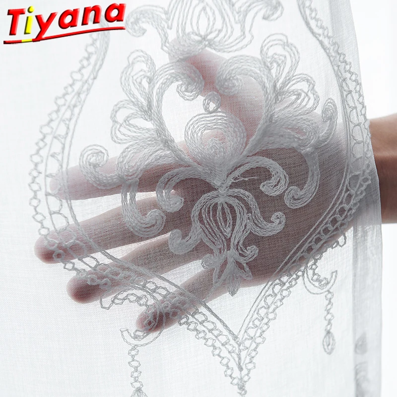 

Simple geometric embroidery tulle curtains for living room White translucent Screens for Kitchen balcony #VT