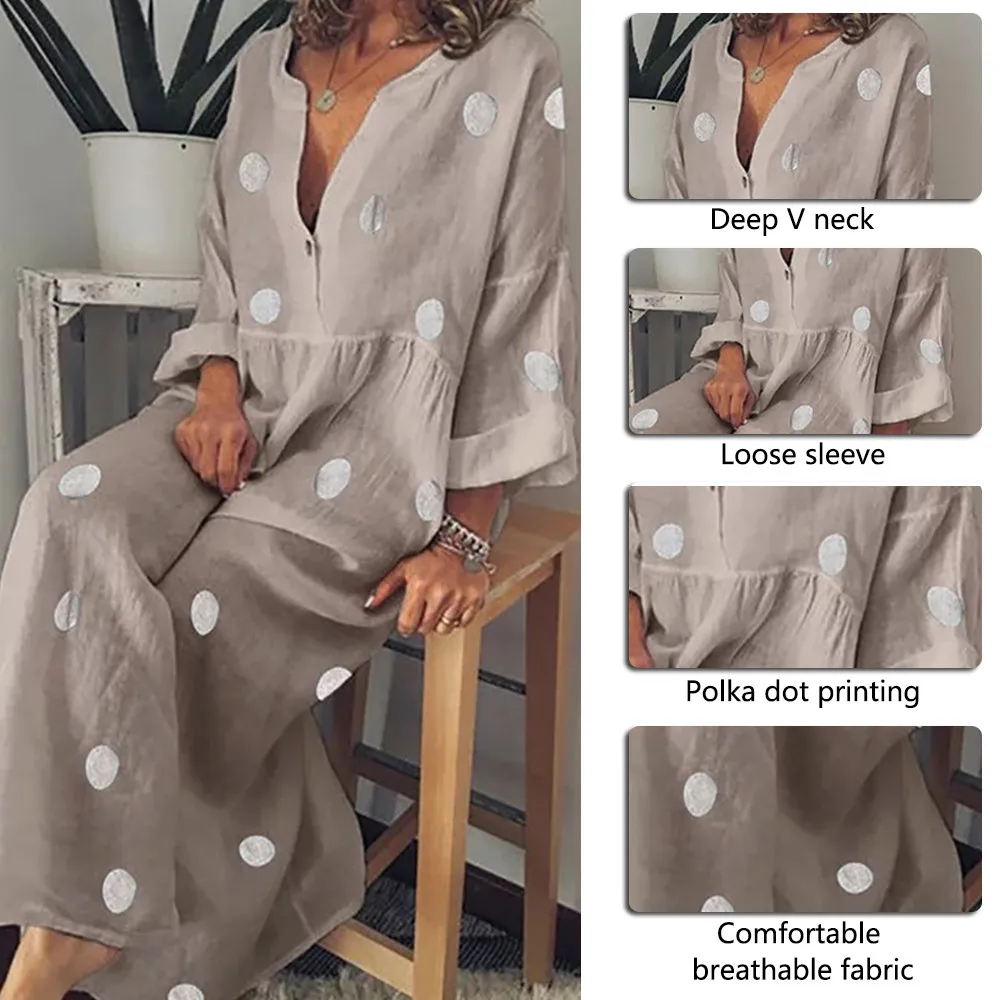 LOOZYKIT Oversized Women Polka Dot Dresses Casual Loose Seven Quarter Sleeve Boho Maxi Dress Sexy V Neck Vintage Beach Dress