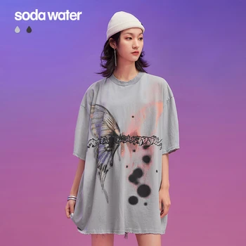 

SODAWATER Woman Loose Fit T-shirt With Butterfly Print Girls O-neck Ripped Hip Hop Short Sleeve T-shirt Woman Streetwear 1292S20
