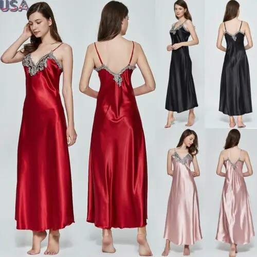 Women Oversize Satin V-Neck Long Nightdress Silk Lace Sexy Lingerie Nightgown Sleepwear Robe Dress Babydoll Underwear women lingerie women lingerie set women nightgowns women nightdresses women pajamas sleeping dress