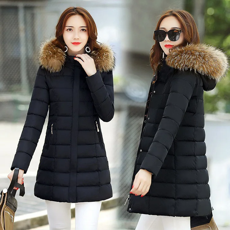 

China Gedi Love 2018 Winter Mid-length down Cotton Large Fur Collar Slim Fit Cap Cotton Coat yi nuan Cotton-padded Jacket Coat