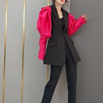 

Women's Patchwork Hit Color Blazer High Street Notched Puff Long Sleeve Tunic Blazers