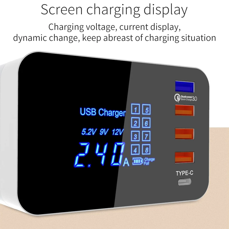 40 Вт QC 3,0 usb порты+ 3 usb порта+ USB-C/type-C порты+ Беспроводная зарядка многофункциональное складное зарядное устройство с светодиодный дисплеем