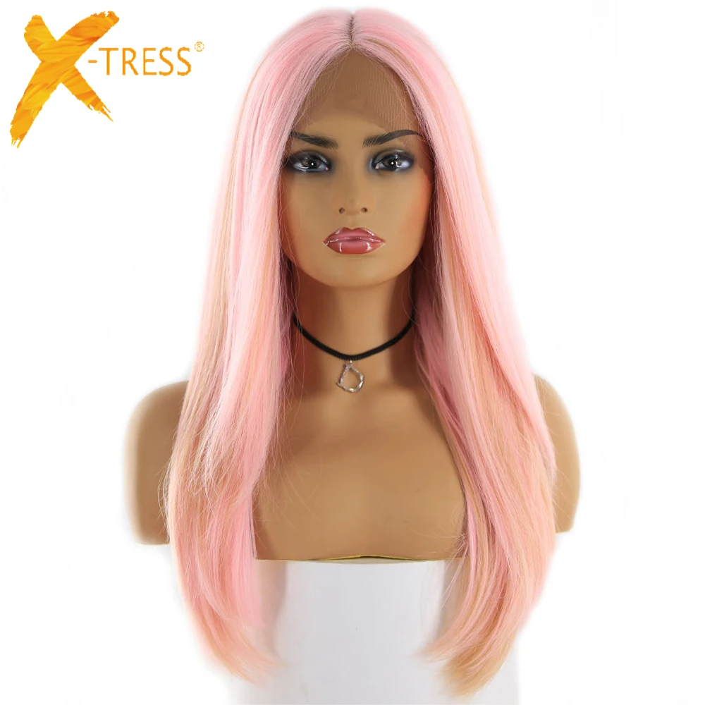 Good Buy Wigs Lace-Frontal Synthetic-Hair Middle-Part Long-Silk Pink X-TRESS Gold-Color Straight yGz5qbJJ