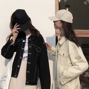 

New Denim Outerwear Women's 2020 Spring And Autumn Korean Chic Vintage Design Sense Bright Line Simple Loose All-around Top