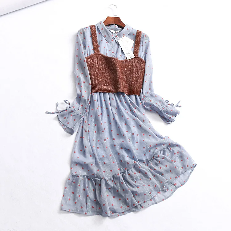 

One's Spring New Style Dotted Pattern Two-Piece Set Lotus Leaf Long Sleeve Chiffon Skirt Dress Entity