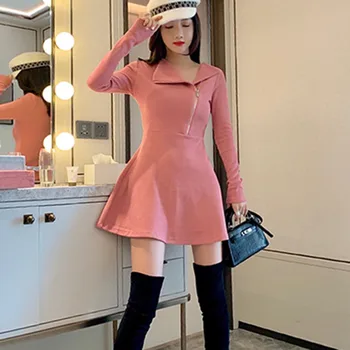 

2020 Spring Autumn Dress Solid Color Sexy Lapel Slim Long Sleeve Party Dress