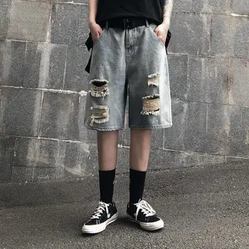 

Men's shorts 2020 spring new slim solid color retro ripped burr wide leg shorts loose leisure personality youth men's wear