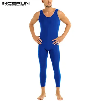 

Sleeveless Round Neck Onesies INCERUN Mens Solid Color Jumpsuit Sleepwear Homewear Fitness Sexy Nightgown Man Rompers Sleepwear
