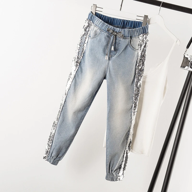 5xl лоскутные джинсы с блестками женские потертые джинсовые брюки джинсы женский эластичный пояс брюки карго полосатые джинсы
