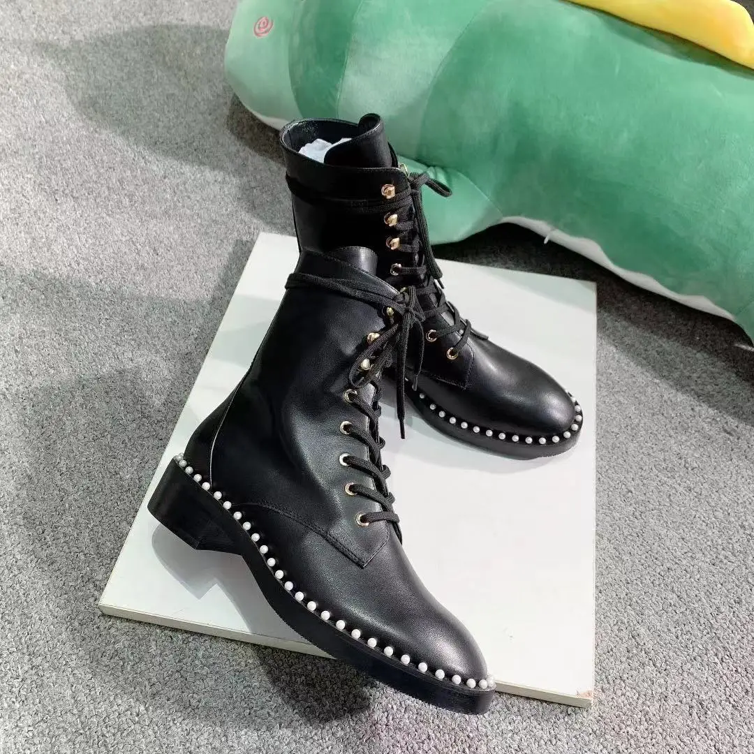 Новые осенне-зимние ботинки на шнуровке из высококачественной кожи ботильоны на толстом каблуке эластичные ботинки на высоком каблуке ботильоны с круглым носком