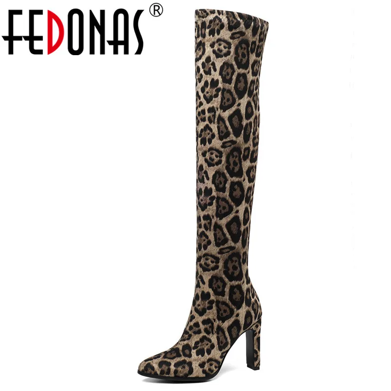 

FEDONAS Sexy Leopard Women Thin High Heels Over The Knee Boots Pointed Toe Night Club Shoes Woman 2020 Autumn Winter Socks Boots
