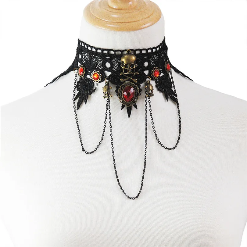 Хэллоуин женское черное кружевное ожерелье-ошейник в викторианском стиле винтажная Готическая цепочка Драгоценная Подвеска Collares De Moda 30AUG01