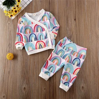 

Newborn Baby Girls Autumn free shipping clothes V-neck long sleeve Button Geometry T-shirts Rainbow print Pants 2pc kids outfits