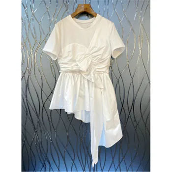 

RUGOD 2020 New Arrival Women Summer Tunic O-neck Short Sleeved Fake Two Pieces Irregualr Pleasted Cotton Tops Stylish T-shirt