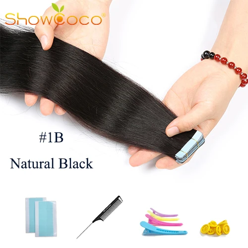 Color1B -20 Pcs ShowCoco лента в Пряди человеческих волос для наращивания натурального волос 20/40 шт, смешанные цвета, Цвет горячие головы для наращивания блеск коричневого до блондинка ленточных накопителей - Цвет: Color1B -20 Pcs