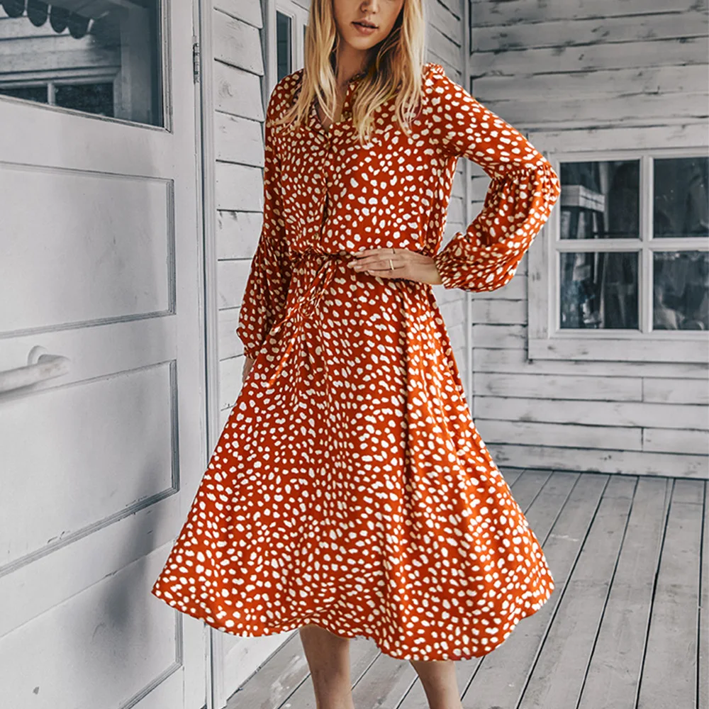 

Original design 2020 summer autumn long dresses for women streetwear Sashes short sleeve Dot dress ropa mujer talla grande