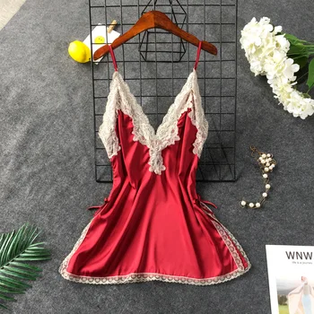 

Women Sexy Silk Satin Nightgown Sleeveless Nighties V-neck Night Gown Summer Sleep Dress Embroidery Night Wear Soft Sleep Wear