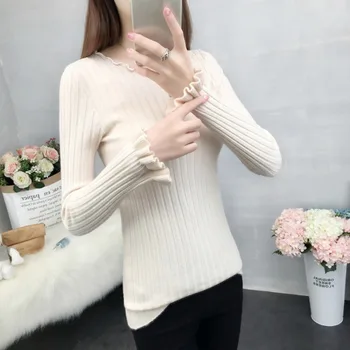 

Z 2019 Slim Fit Women Fashion Design Casual O-Neck Ruffles Sweaters Solid Winter Butterfly Sleeve Wear Long Sleeve Sweat Shirts