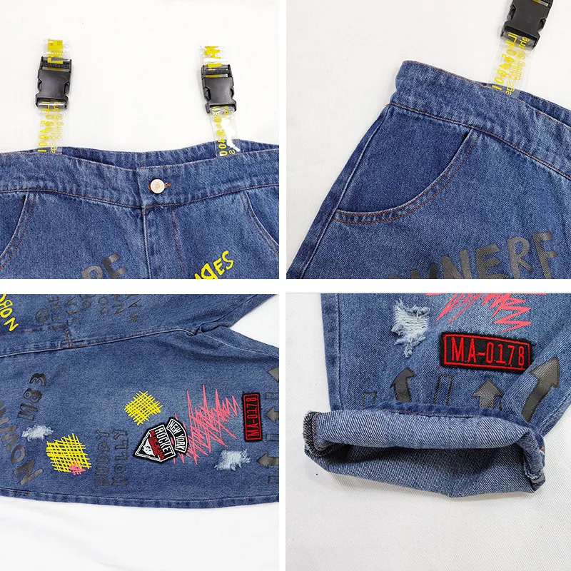 Girls'Belt Trousers 2009 Autumn Dress New Korean Edition Children's Broad Printed Bucket Jeans Leisure Pants