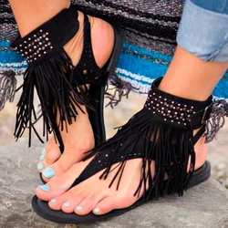 Ladies Sandals Rhinestone Summer Rome Vintage Casual Fashion Shoes For Female 2022 New Women's Sandals Tassel Clip Toe Flat