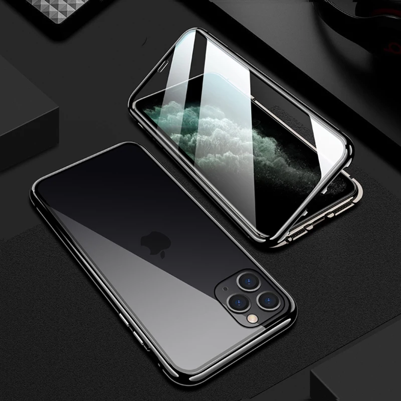 Металлический магнитный адсорбционный чехол для iPhone 11 Pro Max X XR XS Max, чехол из закаленного стекла, Магнитный чехол для iPhone 8, 7 Plus, флип-чехол