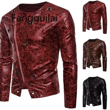 

2020 Men's Leather Jacket Brand Male Punk Rock Motorcycle Jackets Autumn Casual Long Sleeve Printed Zipper PU Black Coats